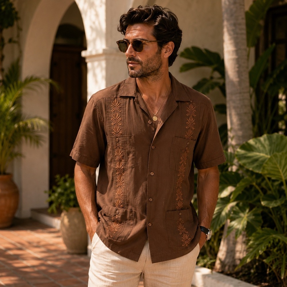 Guayabera Mens Brown Short Sleeve Embroidered Pintuck‎ 4 Pocket Camp Shirt